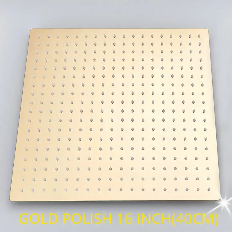 Modern matte black square rainfall shower head with gold-polished 16-inch pegboard featuring raised diamond holes