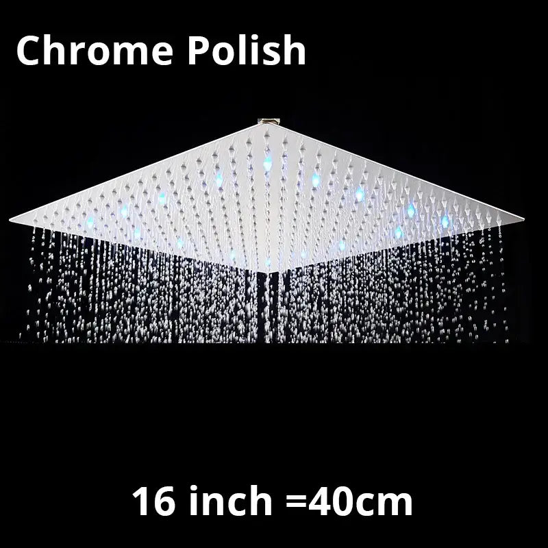 A sleek 16-inch chrome polished rainfall shower head with blue LED lights and multiple spray nozzles for bathroom use