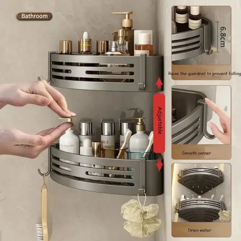Modern matte black stainless steel corner shelf organizer with two-tier adjustable gray metallic shelves for bathroom storage