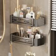 Modern matte black stainless steel corner shelf organizer with two-tiered slatted design and integrated hooks for bathroom storage