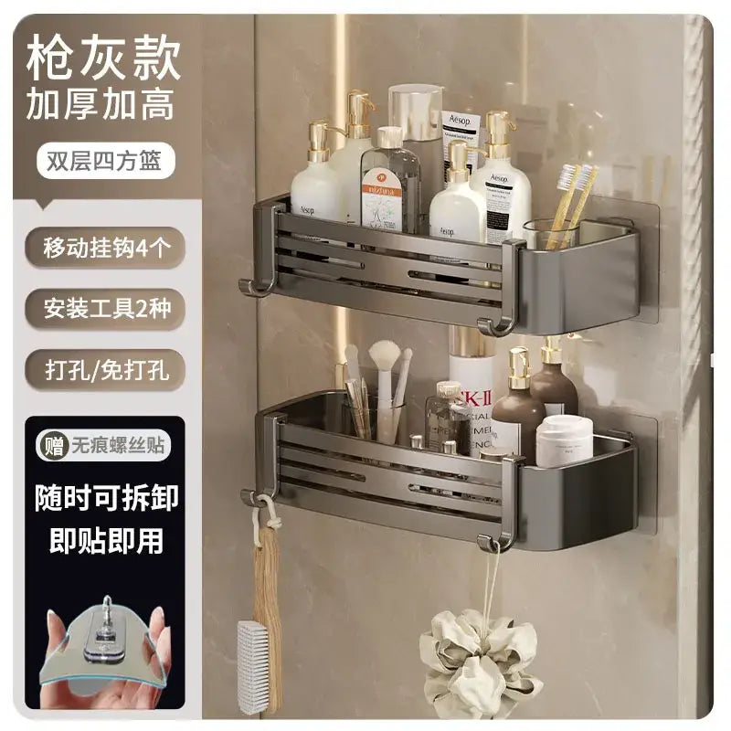 Gunmetal gray double-tiered stainless steel corner shelf organizer with sleek design and four movable hooks for bathroom storage