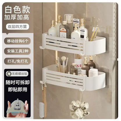 White double-layer square corner shelf organizer with matte black stainless steel design and adhesive mounting for bathroom storage