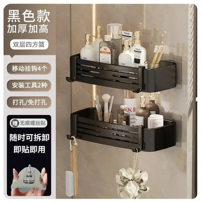 Black double-layer stainless steel corner shelf organizer with matte finish and integrated hooks for bathroom storage