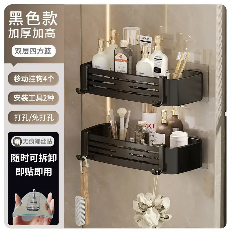 Black double-layer stainless steel corner shelf organizer with matte finish and integrated hooks for bathroom storage