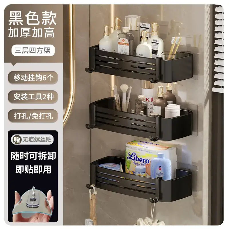 Black three-tiered corner shelf organizer with sleek modern design and sturdy plastic construction for bathroom storage