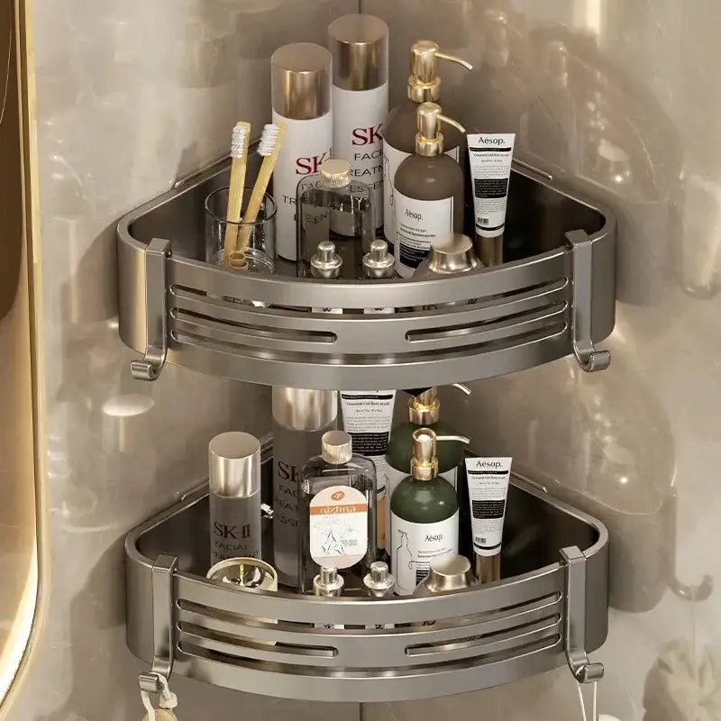 Silver two-tier corner shelf organizer made of stainless steel with horizontal slats for modern bathroom storage