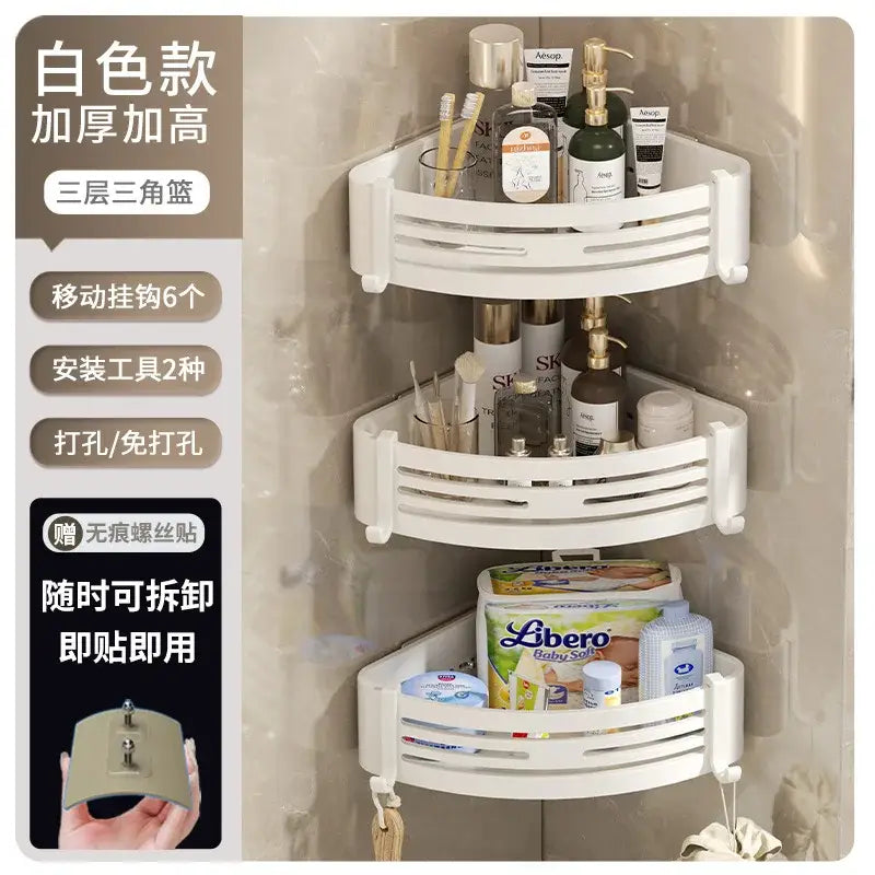 Modern matte black stainless steel corner shelf organizer featuring a white three-tier triangular shelf organizer made of thick plastic
