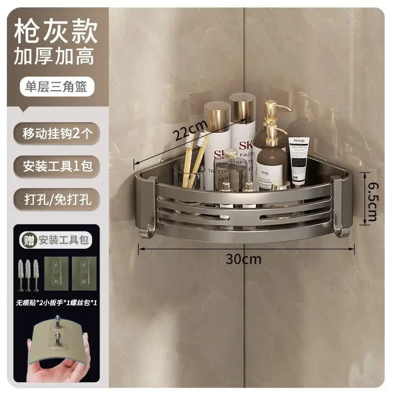 Silver metallic single-layer triangular corner shelf organizer with reinforced edges for modern bathroom storage