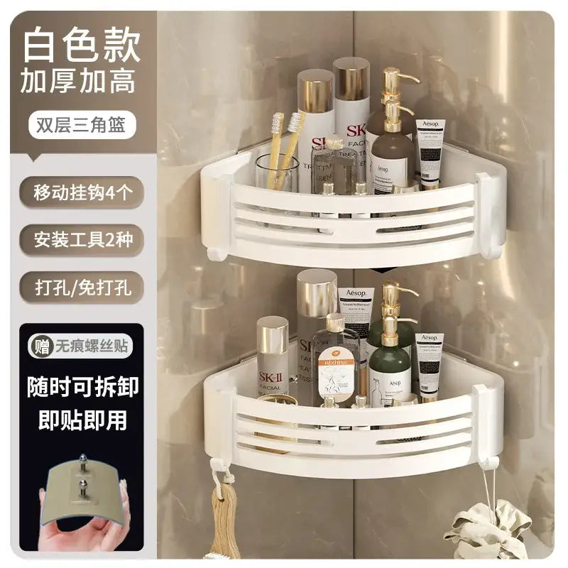 White double-tiered triangular corner shelf organizer with sleek modern design and durable plastic construction for bathroom storage