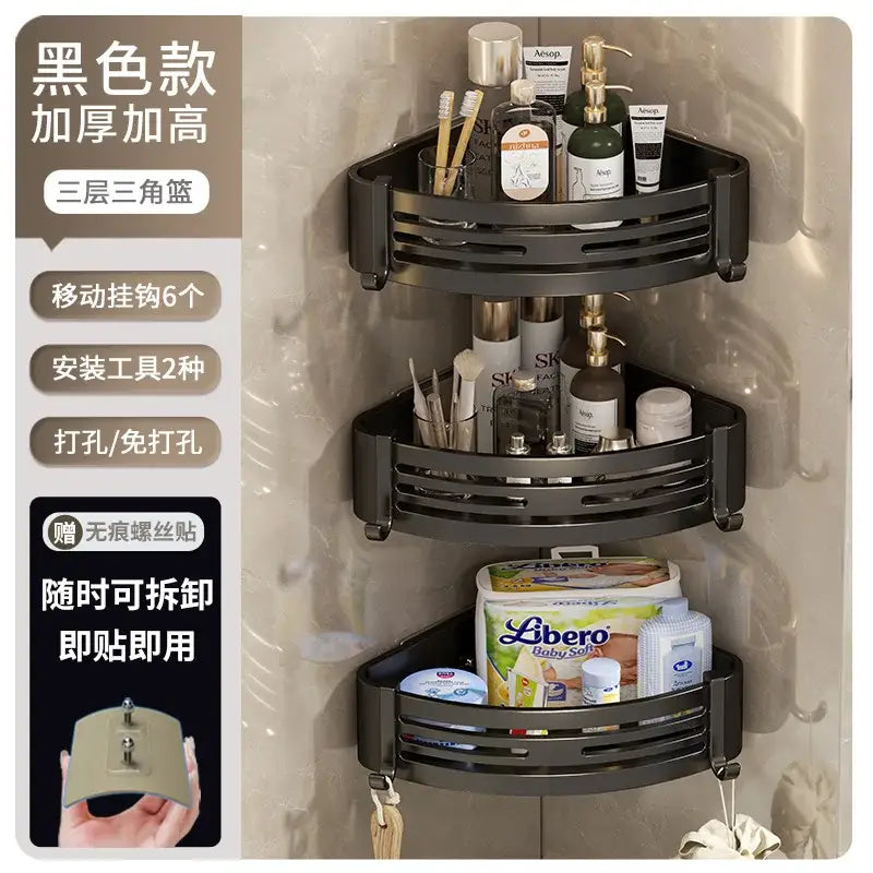 Modern matte black stainless steel corner shelf organizer with three thickened metal tiers for bathroom storage