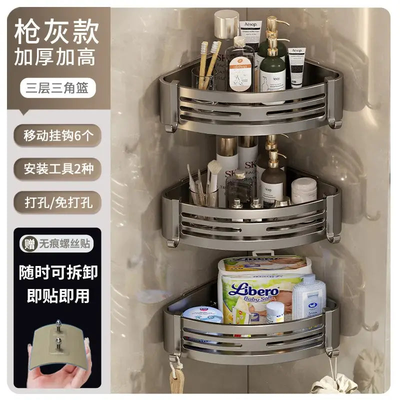 Silver three-tier stainless steel corner shelf organizer with movable hooks and no-trace screw stickers for bathroom storage