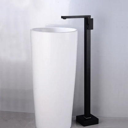 Modern matte black tall basin faucet with sleek minimalist design paired with white cylindrical pedestal sink decorbites black tall basin