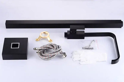 Modern matte black tall basin faucet with black matte finish brass accents and flexible braided hose for bathroom sinks