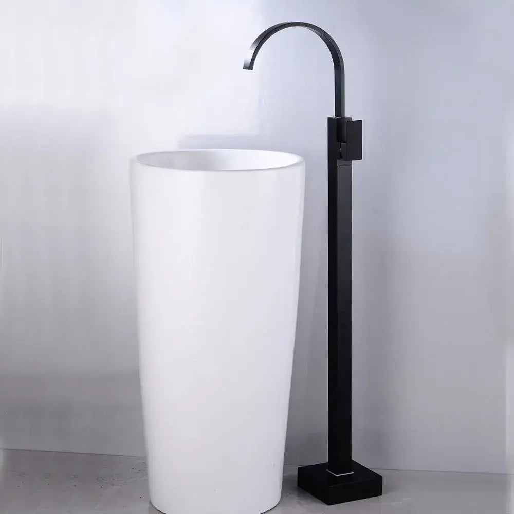 White ceramic pedestal sink with a modern decorbites black tall basin faucet in matte finish for bathroom use