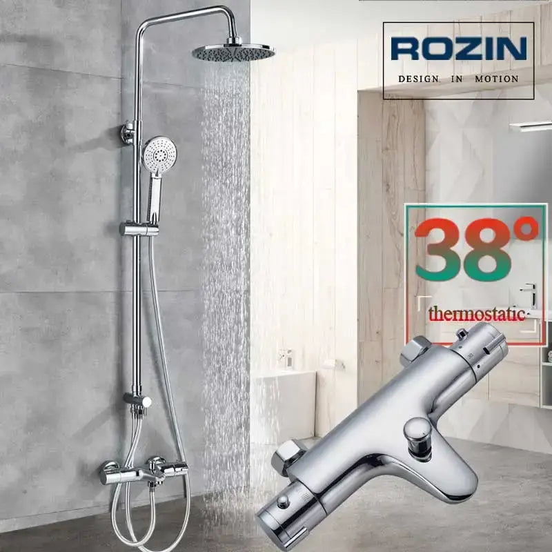 Modern matte black thermostatic shower faucet set with chrome rozin rainhead handheld nozzle and 38° thermostatic control valve