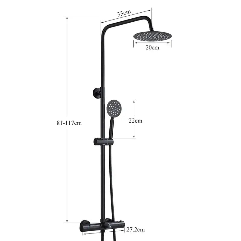 Modern matte black thermostatic shower faucet set with 20cm round rainhead and handheld spray head faucet set