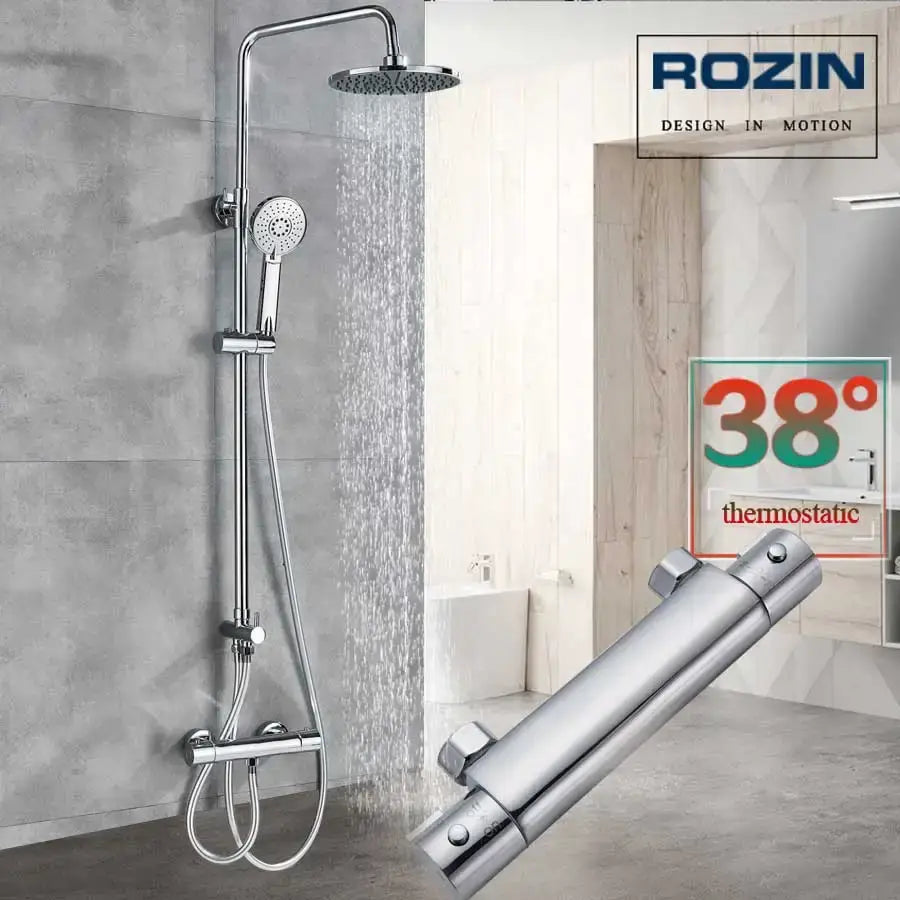 Chrome-finished rozin thermostatic shower faucet set with rainhead and handheld nozzle for modern bathroom use
