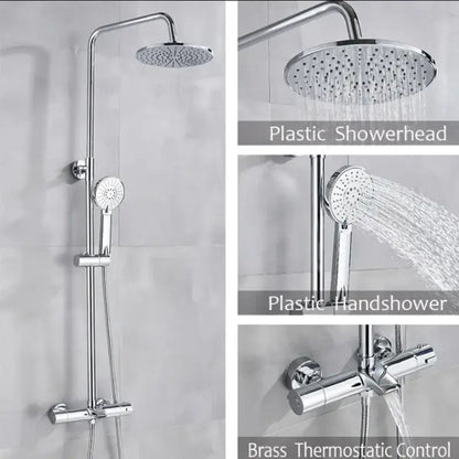 Modern matte black shower faucet set with chrome rainhead, handheld spray nozzle, and brass thermostatic control valve