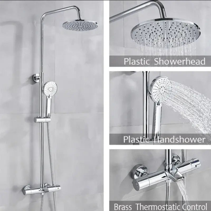 Modern matte black shower faucet set with chrome rainhead, handheld spray nozzle, and brass thermostatic control valve