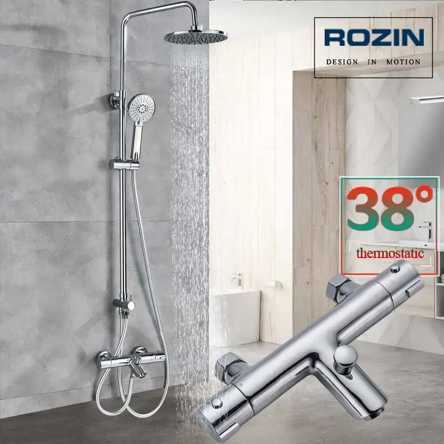 Chrome-finished thermostatic shower faucet set with rainhead and handheld nozzle featuring 38°c thermostatic valve