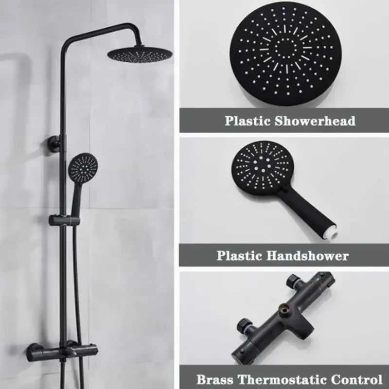 Modern matte black thermostatic shower faucet set with rainhead, handheld sprayer, and brass control faucet set