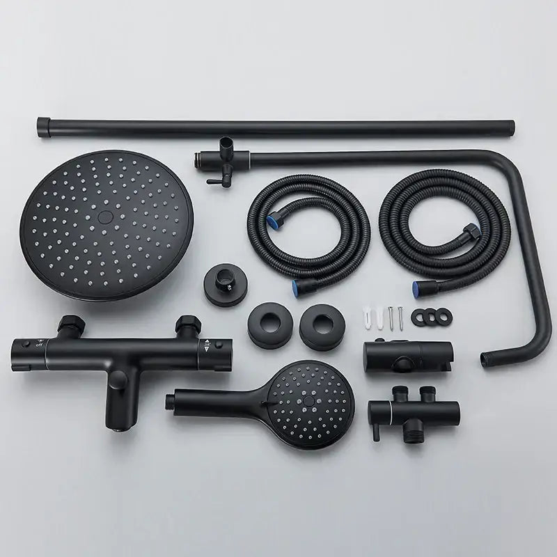 Modern matte black thermostatic shower faucet set with round rainhead handheld spray and flexible hoses for bathroom rainfall