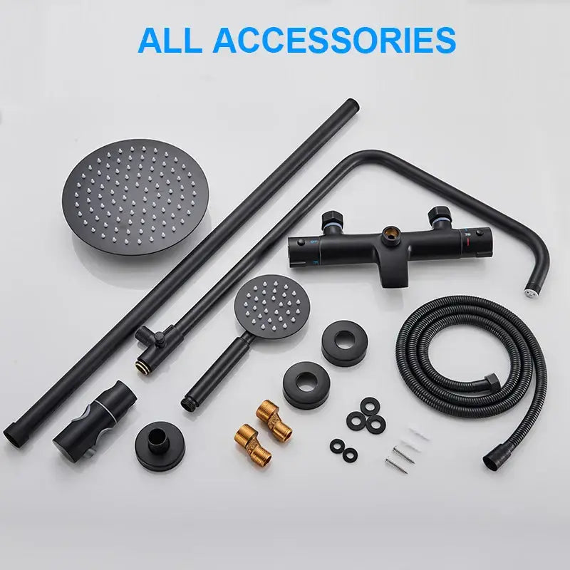 Modern matte black shower faucet set with rainhead handheld spray and matching faucet assembly in matte finish