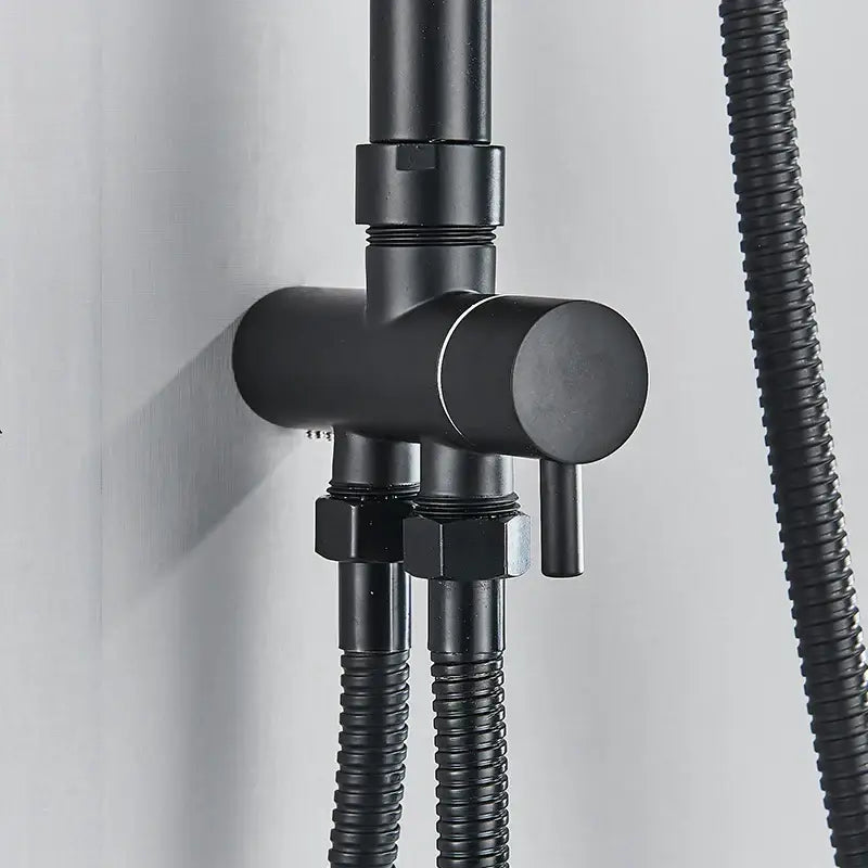 Modern matte black thermostatic shower faucet set with sleek design and flexible hoses for bathroom rainfall use