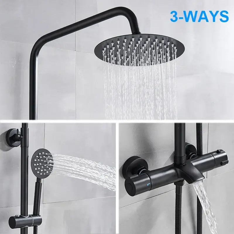 Modern matte black thermostatic shower faucet set featuring a black matte 3-way shower faucet with rainhead and handheld spray nozzle