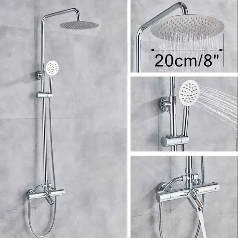 Chrome-finished modern matte black shower faucet set with 20cm rainhead and handheld spray nozzle for bathroom use