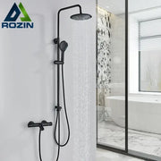 Modern matte black thermostatic shower faucet set with rainhead and handheld nozzle in sleek shower faucet set design