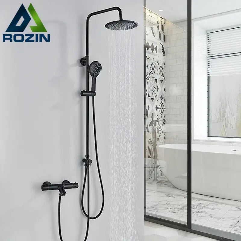 Modern matte black thermostatic shower faucet set with rainhead and handheld nozzle in sleek shower faucet set design