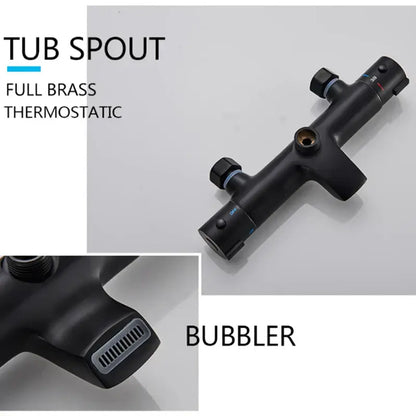 Black full brass thermostatic tub spout with bubbler nozzle included in modern matte black shower faucet set