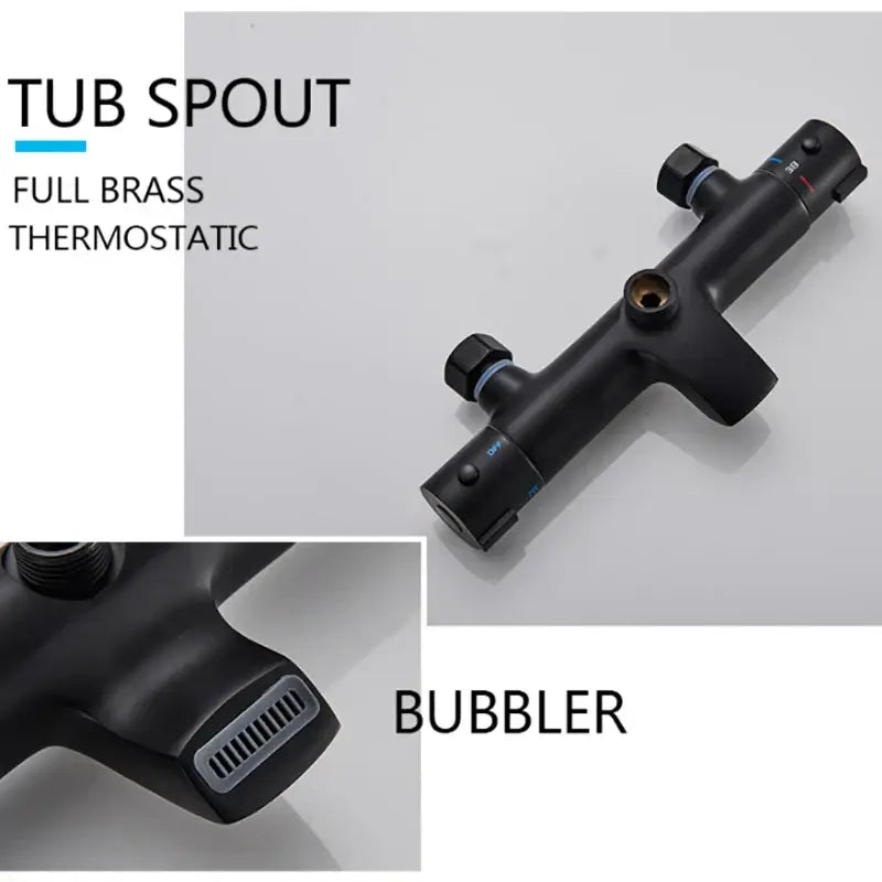 Black full brass thermostatic tub spout with bubbler nozzle included in modern matte black shower faucet set