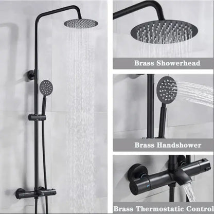 Modern matte black thermostatic shower faucet set with round rainhead and handheld for bathroom use