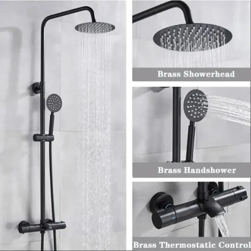 Modern matte black thermostatic shower faucet set with round rainhead and handheld for bathroom use