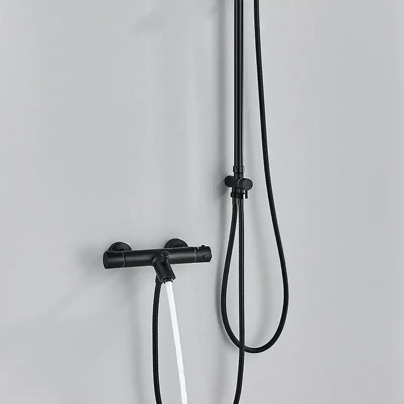 Modern matte black thermostatic shower faucet set with sleek handheld hose and wall-mounted control valve for bathroom rainfall
