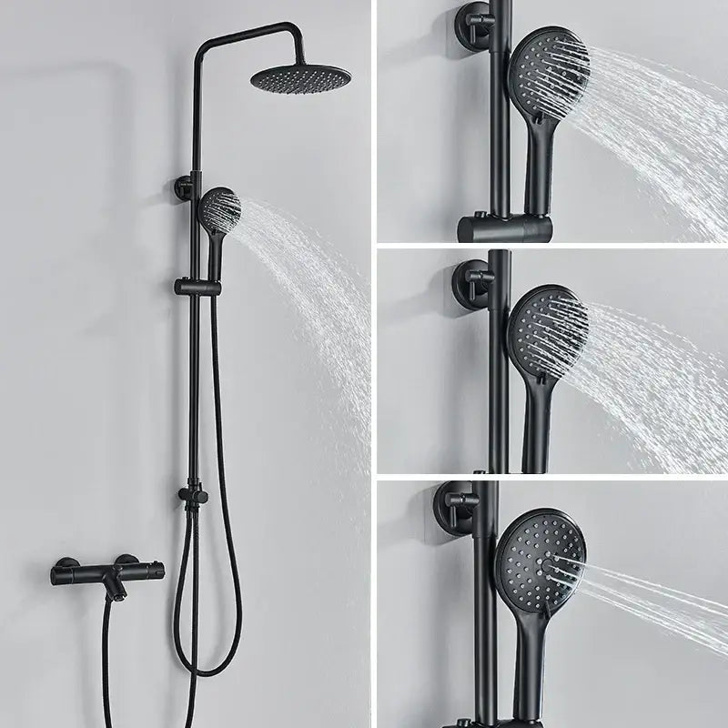 Modern matte black thermostatic shower faucet set with rectangular rainhead and handheld spray head for bathroom rainfall