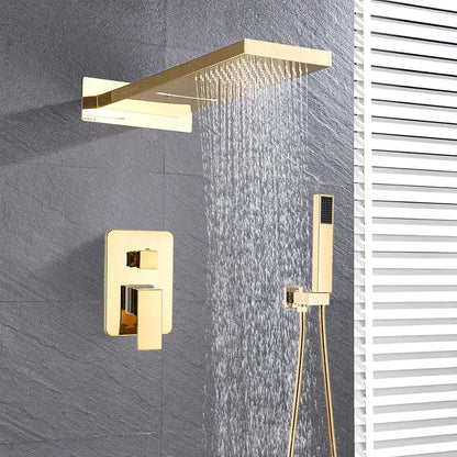 Gold-toned rectangular rain shower head with matching wall-mounted control valve and handheld shower faucet set