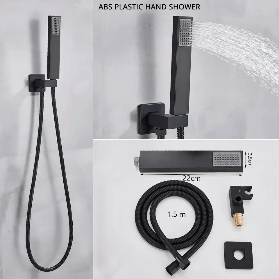 Modern matte black abs plastic hand shower with rectangular textured spray face in shower faucet set for bathroom