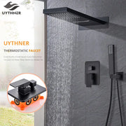 Modern matte black thermostatic shower faucet set with black matte finish rectangular rainhead and handheld sprayer