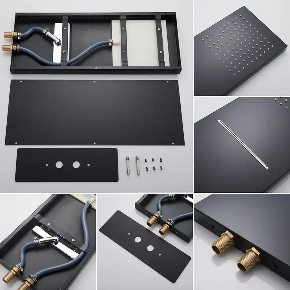 Modern matte black thermostatic shower faucet set with black matte-finish panel and brass fittings rain showerhead