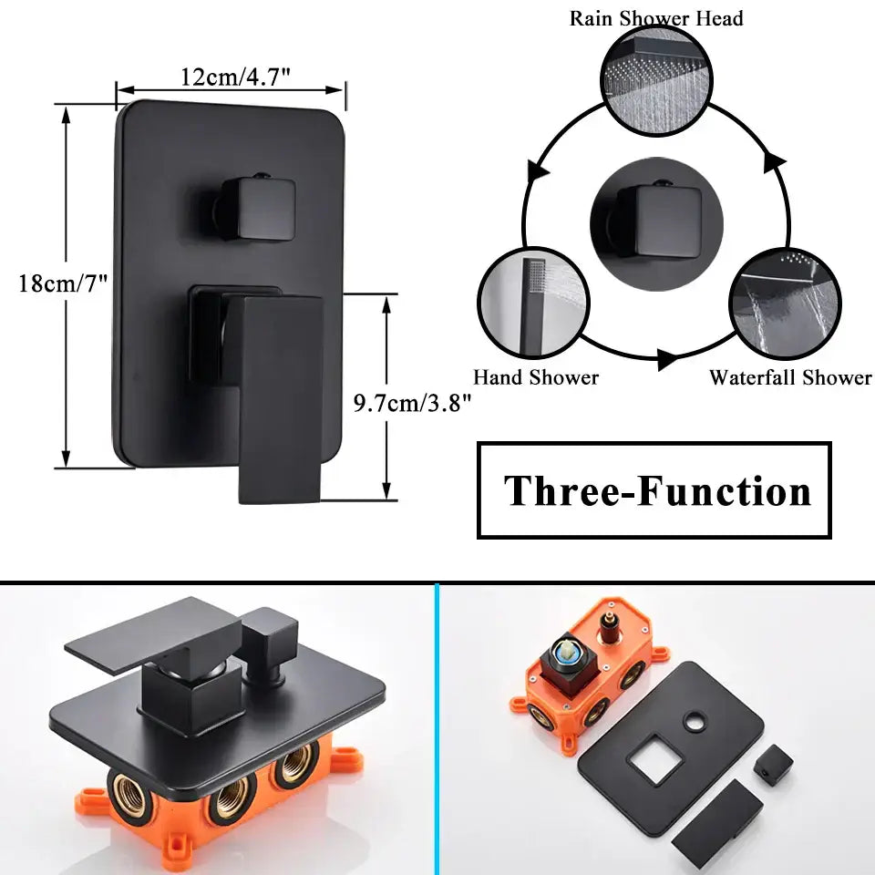 Modern matte black thermostatic shower faucet set with a black matte finish and integrated rain hand and waterfall spray heads