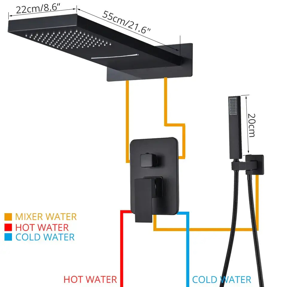 Black matte finish modern shower faucet set with rectangular rain shower head and handheld spray nozzle for bathroom use