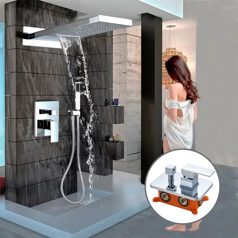 Modern matte black thermostatic shower faucet set with chrome rainfall showerhead and handheld spray faucet set