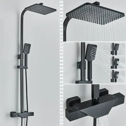 Modern matte black thermostatic shower faucet system with square rainhead and handheld spray for bathroom use