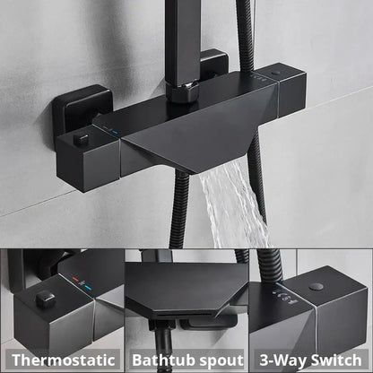 Modern matte black thermostatic shower faucet with geometric design and integrated bathtub spout for bathroom use