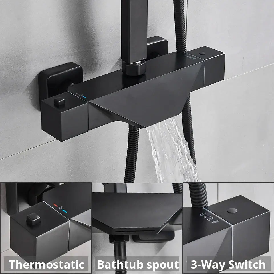 Modern matte black thermostatic shower faucet with geometric design and integrated bathtub spout for bathroom use