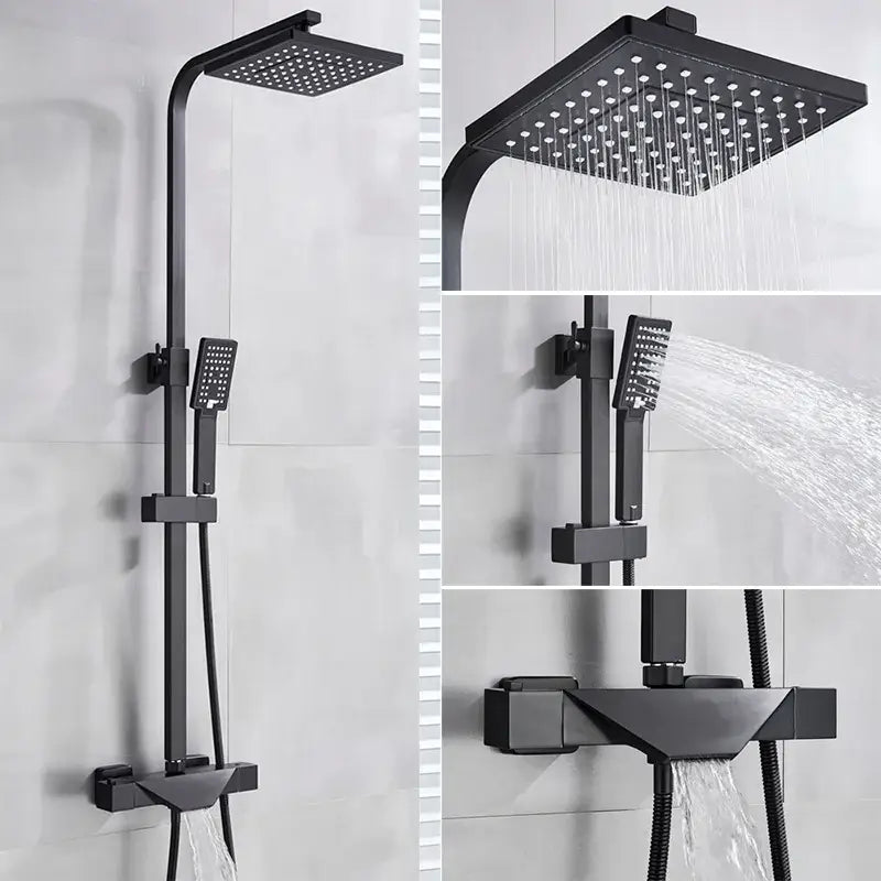 Modern matte black thermostatic shower faucet system with square rainhead handheld spray and angular faucet design