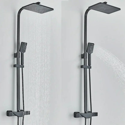 Modern matte black thermostatic shower faucet system with square rainhead and handheld spray nozzle for bathroom use